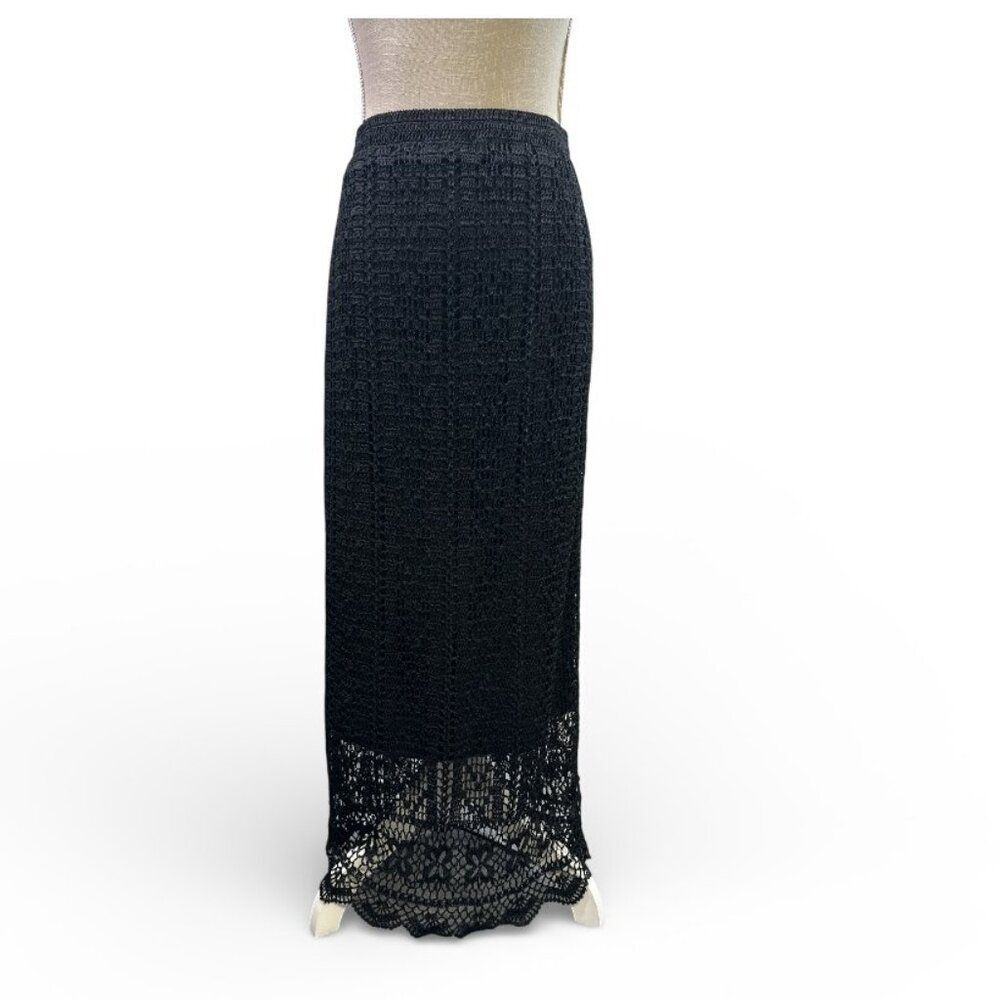 Chico’s Black Crochet Maxi Skirt Pull On Boho Lace Knit Long Skirt Sz 3